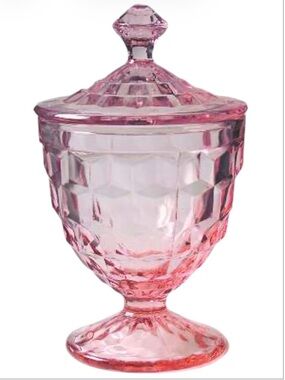 Vintage Pink Depression Glass Candy Jar w/Lid Jeannette Glass Cubist